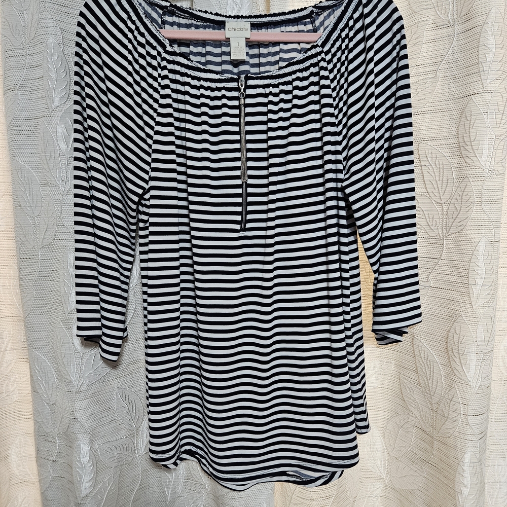 Chico's Navy Blue Striped Top with Zipper 3/4 Sleeves